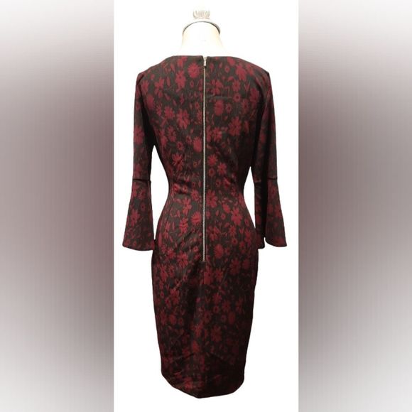 CALVIN KLEIN BLACK AND BURGUNDY PRINT QUARTER LENGHT BELL SLEEVE MIDI DRESS - Picture 2 of 3